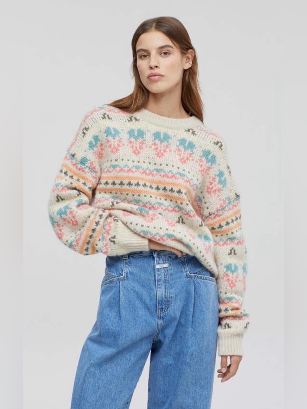 $425 CLOSED Alpaca Wool Jacquard Fair Isle Sweater Multicolor Ivory Size XS